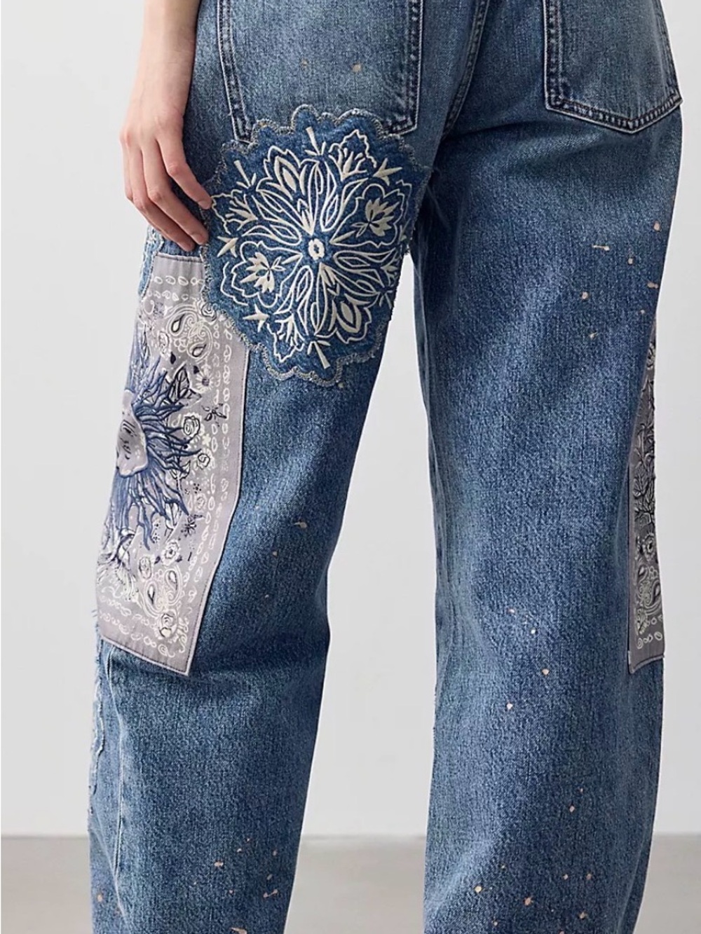 Free People Blue Patchwork Paisley & Sun Wide-Leg Jeans - Picture 3 of 7